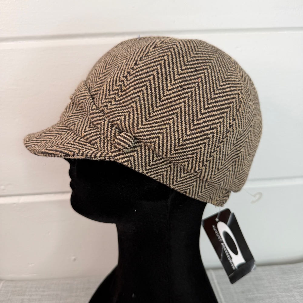 VTG Y2K August Accessories Herringbone Newsboy Cap‎ Hat Brown Wool Academia